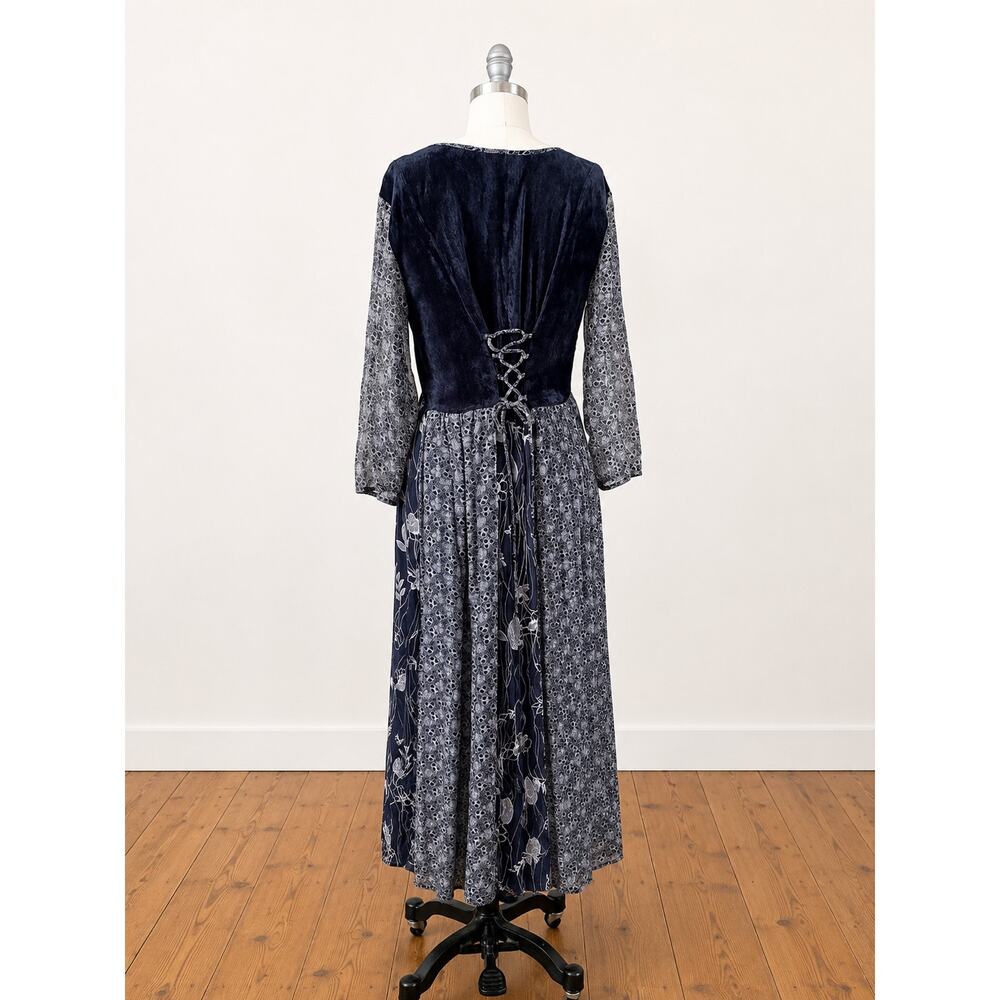 Vintage 1990s M.P.H. Black Velvet Patchwork Midi Dress Whimsigoth Boho Corset - Picture 5 of 10